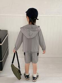 SHEIN 2pcs/Set Young Boys' Casual Hooded Long Sleeve Patchwork Work Jacket&Belted Work Pocket Shorts Suit,Comfortable Breathable For Daily Wear,Autumn - Grey - View 2