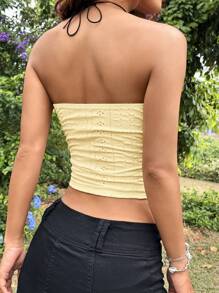 SHEIN EZwear 夏季白色針織緊身無肩帶頂部，配上空洞刺繡。 - 黃色 - 查看 6