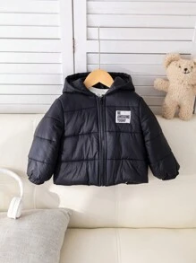 SHEIN Áo khoác độn có mũ trùm đầu màu trơn dày lót nhiệt cho bé trai có miếng vá thêu, mùa thu và mùa đông - Nhiều màu - Xem 11