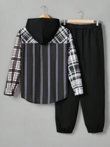 SHEIN Teen Boy Plaid Pattern Hooded Button-Up Long Sleeve Top And Solid Color Drawstring Jogger Pants Vintage Casual Set - Multicolor - View 2