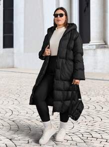 EURMUSE Plus Hooded Padded Jacket With Pocket Details - Black - View 3