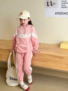 SHEIN Cô Gái Trẻ Xuân Thu Colorblock Có Dây Kéo Có Mũ Trùm Đầu Và Quần Dáng Rộng 2 Bộ Trang Phục - Hồng - Xem 5