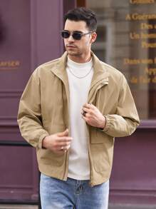 Manfinity VCAY Men's Loose Woven Stand Collar Open Front Jacket, Autumn - Khaki - View 5