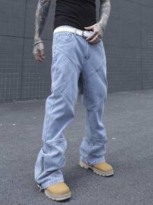 Manfinity EMRG Pantalones vaqueros holgados, informales y amplios con cremallera lateral y abertura de pierna ancha para hombre. Pantalones vaqueros anchos y lavados de color azul claro, ideales como regalo para el esposo o novio