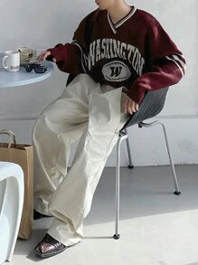 DAZY Men's V-Neck Striped Letter Printed Loose Comfortable Daily Casual Autumn Sweater Business Attire - Red - View 6