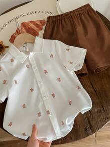 SHEIN LMoss Kids LMoss 2 件装年轻男童卡通熊图案 Polo 领短袖开衫上衣和纯色短裤适合旅行、上学、春夏季节 - 棕色 - 查看 6