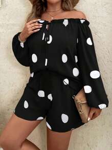 Ensemble de 2 pièces pour femmes : Haut à manches longues ouvertes aux épaules avec nœud à la taille et Pantalon à jambes larges à pois, confortable et ample - Noir - Voir 1