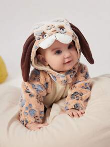 SHEIN 2pcs Baby Boys Casual Adorable Plush Animal Shaped Outfit Including Hat, Daily Wear - Brown - View 4