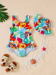 Traje de baño de una pieza sin mangas para niñas con patrón de frutas tropicales, verano