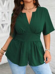 Vionelle 大码女式纯色简约日常短袖衬衫 - 墨綠色 - 查看 5