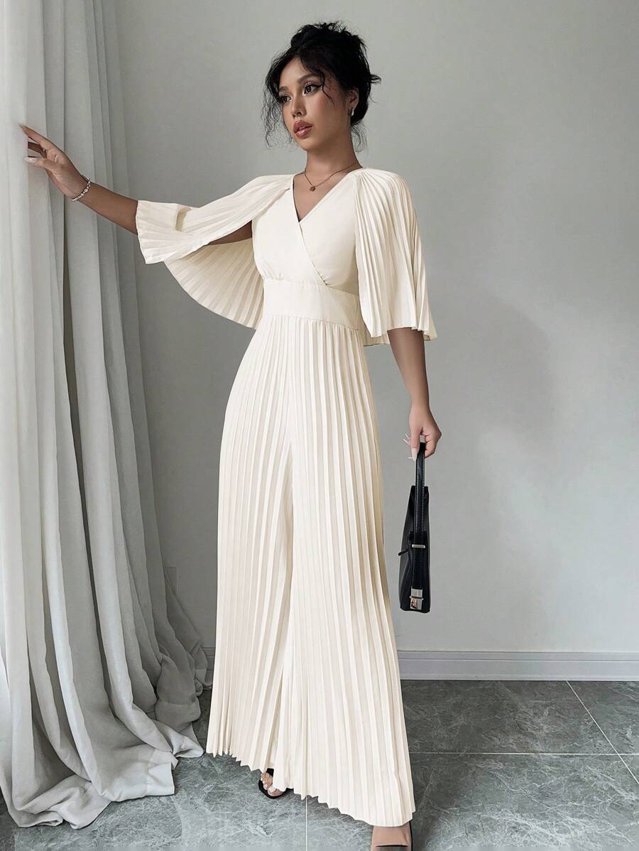 Chiquease Pleated Wide Leg Jumpsuit - Apricot - View 1