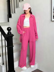 SHEIN Leap Crew Teen Girl Fall Pocketed Casual College Style Shirt Vest Pants 3-Piece Set - Hot Pink - View 3