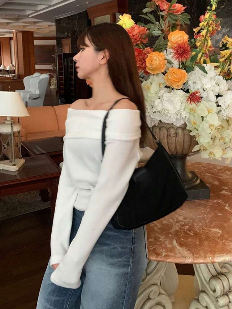 Women's Solid Color Off Shoulder Knit T-Shirt, White, Spring/Autumn Long Sleeve Women Tops,Fall Women Clothes