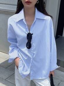 DAZY Damen gestreiftes, oversized, lässiges Langarmhemd, Business-Lässig für den Herbst, Langarmoberteil, Herbstmode für Frauen