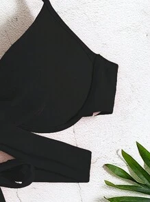 Voyashape 女士夏季海灘褶皺颈部露背比基尼上衣 - 黑色 - 查看 3