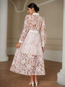 Aveloria Rosie Vestido de manga larga con cuello de parche, cintura ceñida, textura de tela floral con recortes, diseño elegante y exquisito