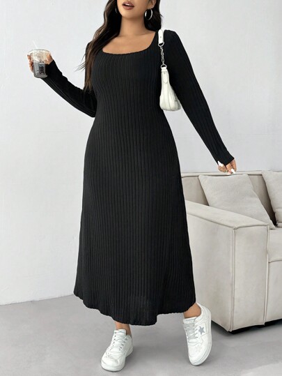 SHEIN EZwear Plus Size Spring And Autumn Casual Solid Color Long Dress