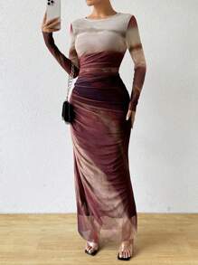 Chiquease Women's Spring/Summer Tie-Dye Print Round Neck Long Sleeve Long Fashionable Elegant Dress Maxi Women Outfit Fall Cloth For Women - Multicolor - View 1