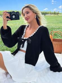 EURMUSE Faux Necklace Thread Knitted Cardigan - Black - View 1