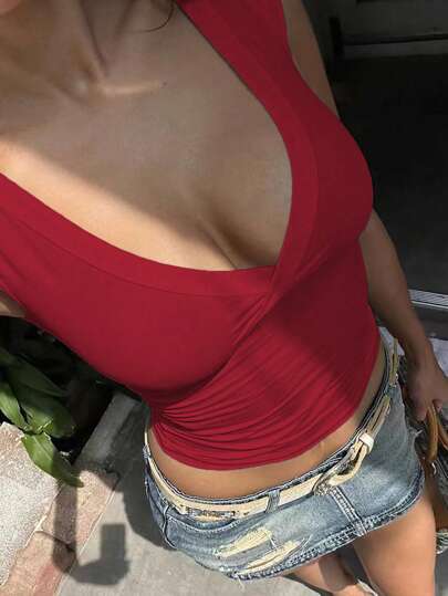 INAWLY Women's Summer Solid Color V-Neck Ruched Short Sleeve Slim Fit T-Shirt