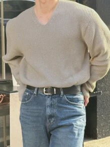 DAZY Men's Solid Color V-Neck Casual Long Sleeve Sweater, Autumn - Khaki - View 4