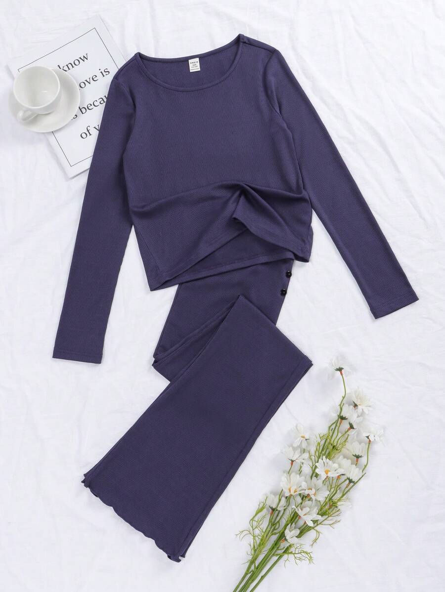 Teen Girls' Comfortable Casual Ribbed Long Sleeve Top And Long Pants Two-Piece Homewear Set, Navy Blue