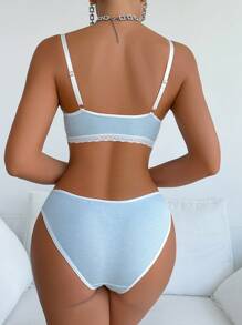 Casual Lace Splice Wireless Bra And Panties Set, 2pcs, Lingerie - Blue - View 2