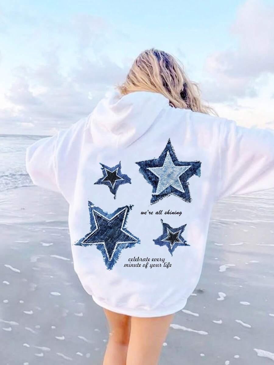 SHEIN Tween Girl Casual Knitted Sweatshirt With Star Pattern, Autumn - White - View 1
