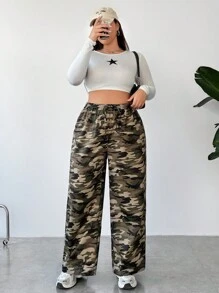 SHEIN EZwear Plus Size Women's Casual Camouflage Printed Long Pants