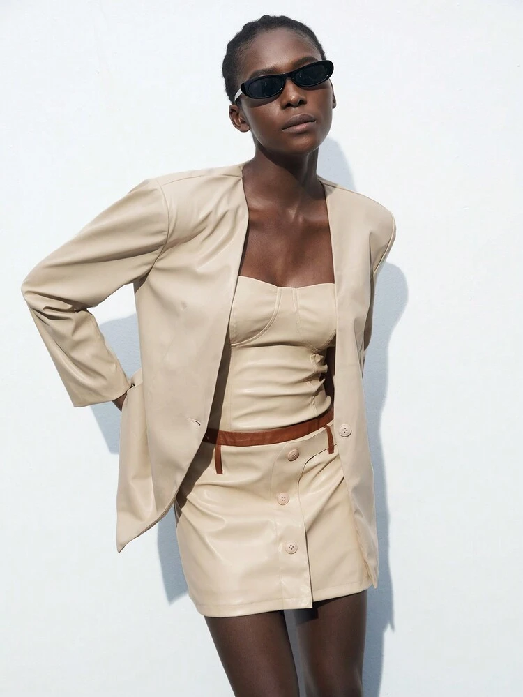 SHEIN Maija Colorblock Decor Bandeau Design Ladies' Fashion PU Leather Bodycon Dress For Birthday