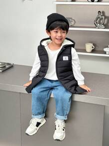 SHEIN 1pc Boys Casual Cute Daily Comfortable Versatile Warm Black Long Hooded Padded Coat, Suitable For Outings, School, Gatherings, Autumn & Winter - Multicolor - View 3