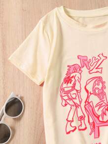 適合青少女夏季穿著的短袖字母與卡通人物印花休閒T恤 - 黃色 - 查看 4