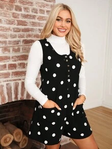 SHEIN LUNE 女式休閒黑色波點連身褲，具有雙口袋和按鈕裝飾短褲 - 黑與白 - 查看 4