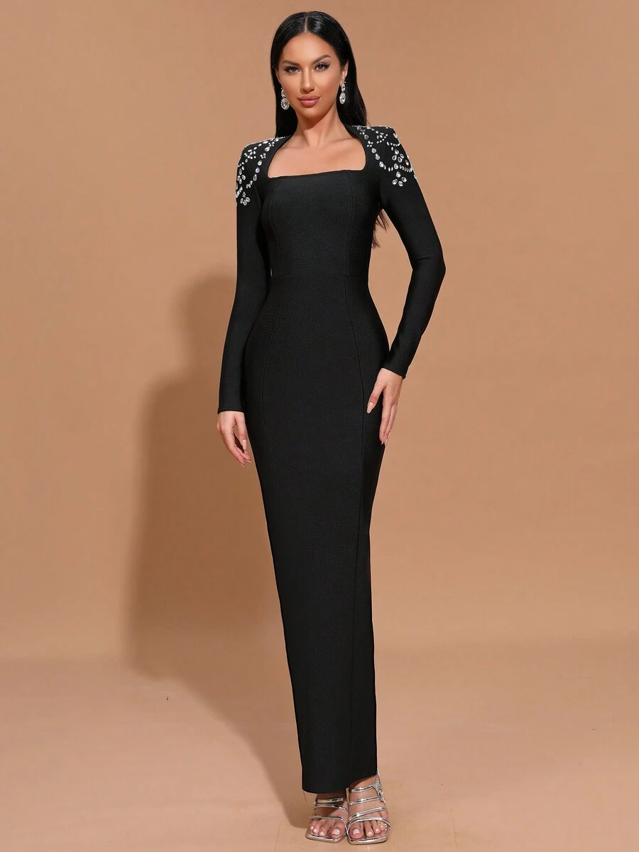Modphy New Arrival Women's Solid Color Rhinestone Chain Sexy Square Neck Long Sleeve Bodycon Dress, Ladies Formal Evening Party Gown Wedding Guest Dress
