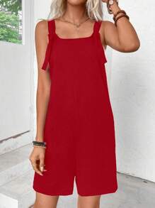 SHEIN LUNE Solid Color Wide Strap Sleeveless Jumpsuit, Simple And Casual For Everyday Wear - Red - View 5