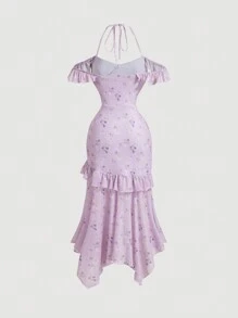 SHEIN MOD Váy dài màu hồng dệt kim hoa cho mùa hè, váy hồng cho phụ nữ, váy tốt nghiệp - Màu tím  Violet - Xem 2
