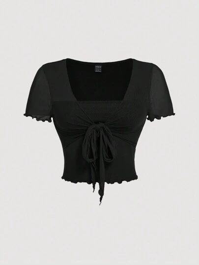 SHEIN MOD 军绿色 2 合 1 弹性网眼蝴蝶结设计大码女式 T 恤