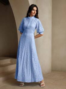 Anewsta Abito lungo casual da donna con maniche corte in pizzo, aderente, per vacanza