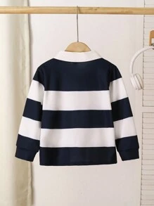 SHEIN Young Boys' Casual Sporty College Wide Striped Polo Shirt With Badge & Number Print, Blue & White, Suitable For Autumn Wear Alone, Suitable For Winter Wear With Outerwear, Suitable For Sports, Suitable For School,Holiday,Summer,Travel