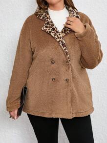 SHEIN Essnce Chaqueta Regular de talla grande de pelo bloqueado con diseño de leopardo y cuello hacia abajo - Caqui - Ver 5