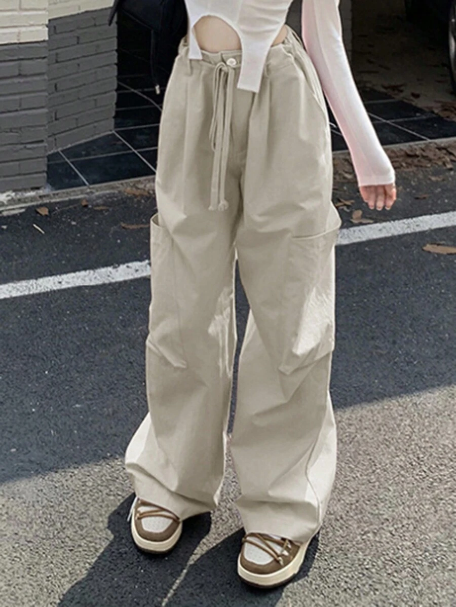 DAZY Women's Super Wide-Leg Low Waist Pants With Belt And Large Pockets - Apricot - View 1