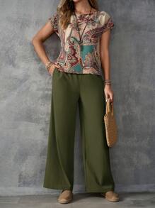 EMERY ROSE Women's Paisley Print Pattern Shirt And Solid Color Trousers Set - Multicolor - View 3