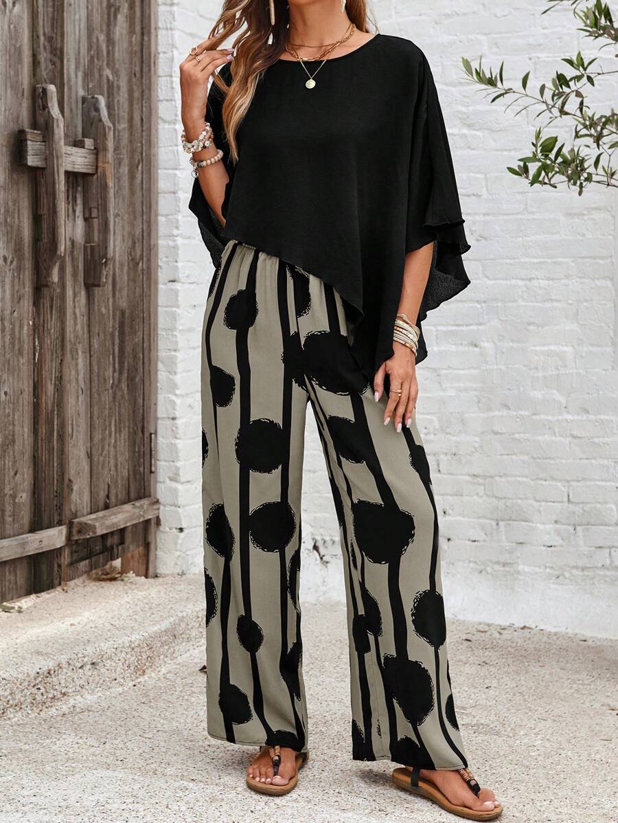 EMERY ROSE Summer Holiday Leisure Solid Color Asymmetrical Hem Shirt And Color-Block Striped Circle Print Long Pants 2pcs/Set - Black - View 1