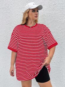 SHEIN EZwear Valentine's Day,Plus Size Women's Summer Loose Striped & Printed Round Neck Drop Shoulder Short Sleeve Casual T-Shirt