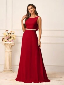 SHEIN Belle Women's Romantic Pink Chiffon Fabric Round Neck Vest With Pocket, Pearl Woven Decorative Belt, Backless Design With Pearl Chain Combination Decoration, A-Line, Suitable For Wedding Season, Mother's Day, Formal Dress Code, Bridesmaid Dress - Red - View 3