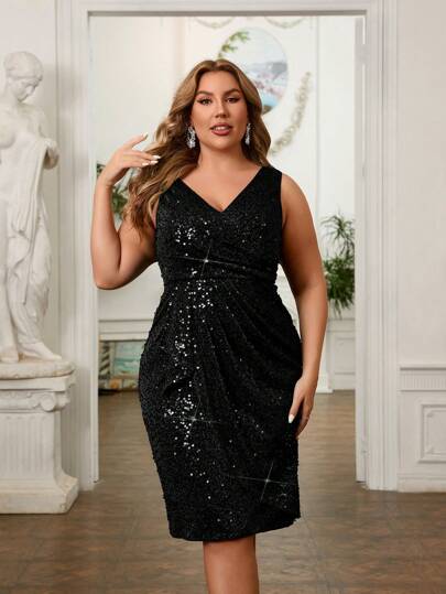 SHEIN Belle Plus Size Black V-Neck Short Sparkly Asymmetric Wrap Elegant Cocktail Dress Prom Semi Formal Wedding Guest Dress, For Birthday, Graduation, Dinner, Homecoming Party Dress