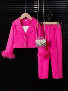 SHEIN Bộ đồ và quần dài tay in họa tiết lông vũ dành cho các cô gái trẻ, Bộ hai món Xuân Thu - Màu Hồng Tươi - Xem 1