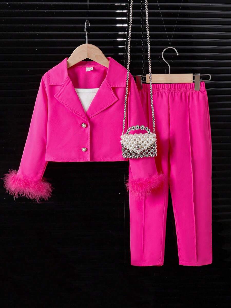 SHEIN Bộ đồ và quần dài tay in họa tiết lông vũ dành cho các cô gái trẻ, Bộ hai món Xuân Thu - Màu Hồng Tươi - Xem 1