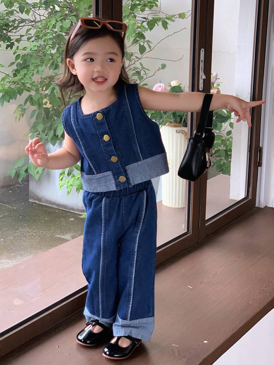 SHEIN Genkimix Kids Baby Girls' Top And Pants Combo Set, Summer Clothes - Blue - View 1