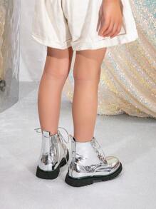 1 双时尚金属镜面条侧拉链摩托车短靴 - 銀色 - 查看 7